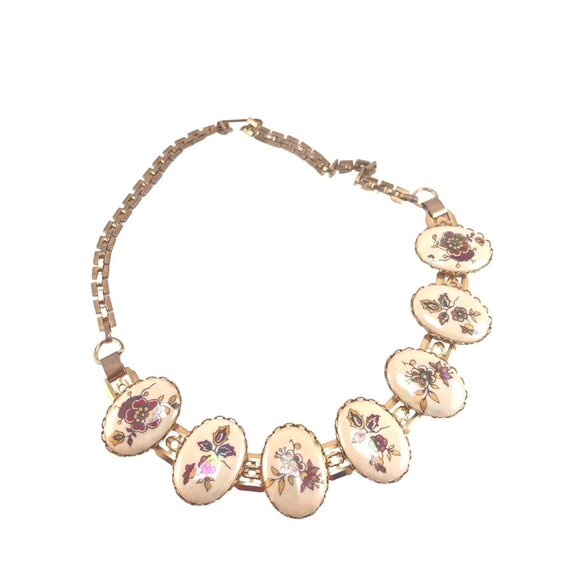 Floral Hand Painted Irredescent Porcelain Panel Necklace With Gold-Tone Chain - Picture 5 of 8